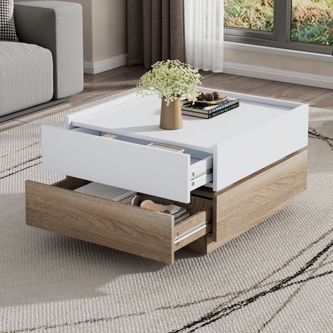 Mesa de centro 60x60x38 cm giro 360° 2 niveles almacenamiento col nogal + blanco adecuado para el salón (1/5)
