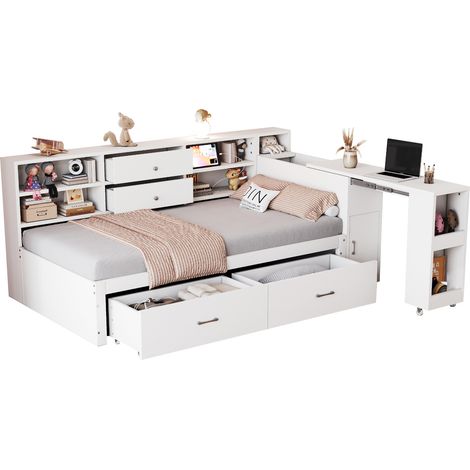Lit multifonction 90 x 200 cm avec rangement, bureau escamotable, 2 grands tiroirs, ports USB et prise ronde, bois blanc, pour chambre d’ado – CHICFURN (1/5)