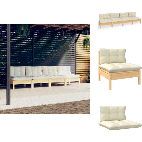 4-Sitzer-Gartensofa mit Creme Kissen Massivholz Kiefer - Gartenmöbel - Terrasse Möbel - Outdoor Sofa - Lounge Set - Rattan Sofa (1/5)