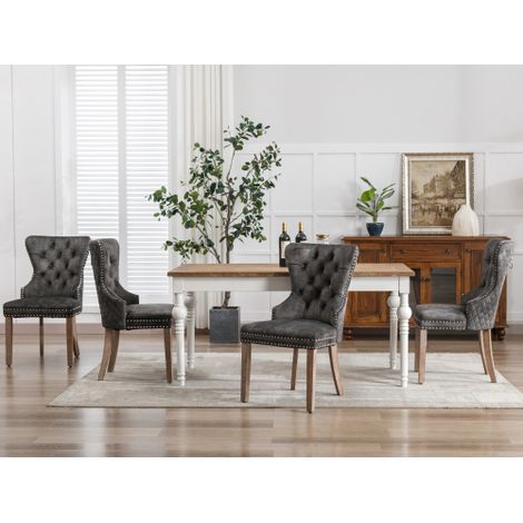 Chaises de salle à manger (Chaises de cuisine/salon, Lot de 4) — Sièges rembourrés avec finitions cloutées, pieds en bois massif et revêtement en velours — Gris (1/4)