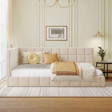 Canapé convertible velours beige doux 140x200 cm, sommier intégré multifonction, lit polster avec dossier ajustable (1/4)