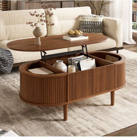 Mesa de centro ovalada 100x48x54.5 cm elevable con almacenaje, efecto ondas, MDF nogal (1/5)