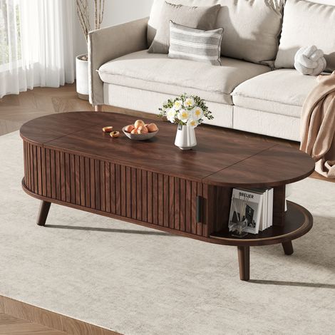 Table basse relevable 120 x 50 x 39,5 cm avec rangement caché, 2 espaces latéraux, MDF coloris noyer (1/5)