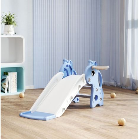 Scivolo per bambini 106x51.5x52 cm, con arrampicata, canestro e palla, in plastica blu (1/5)