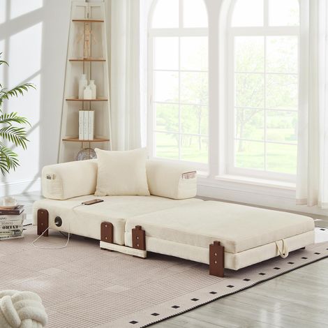 Ce canapé-lit 2 en 1 offre une fonction couchage, des ports USB/Type-C et un espace de rangement. Compact et doté d'accoudoirs, il est idéal pour les petits espaces, (1/5)