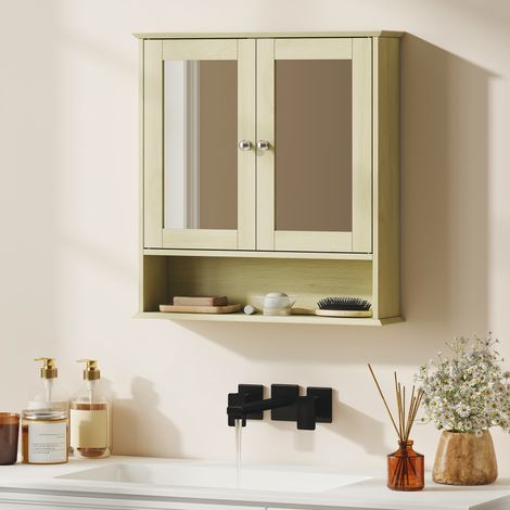 Meuble vasque suspendu avec portes miroir doubles, 56 x 13 x 58 cm, placard en bois massif pour salle d'eau.