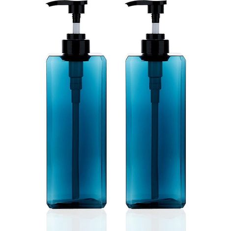 Set mit 2 leeren, nachfüllbaren, quadratischen Kunststoff-Spendern (1000 ml Fassungsvermögen) für Seife, Lotion oder Shampoo. Farbe: Ozeanblau. (1/5)