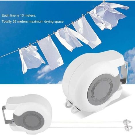 1 Corde à linge rétractable, 13m, ABS PVC, Montage mural pivotant, Jardin Balcon Salle de bain (1/5)