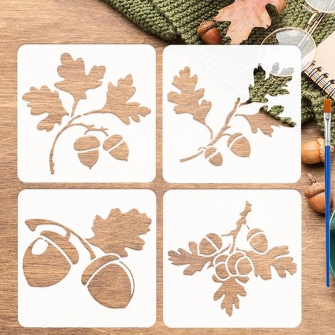 4Pcs Pochoir de Peinture de Branches de Chêne Avec Pinceau 15x15cm Modèle de Dessin de Feuilles de Chêne Glands Pochoir de DIY Modèle Décoration Thème Plantes pour Bois Mur Tissu Meubles (1/5)