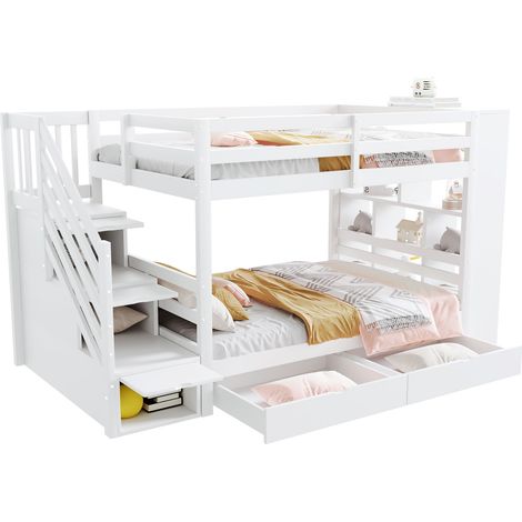 Letto a soppalco in legno bianco 90x200 cm con scala contenitore, cassetti e rete a doghe inclusa (1/5)