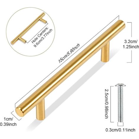 Confezione da 20 maniglie a T dorate, larghe 150 mm, per ante di armadi e cassetti, interasse 96 mm. (1/4)