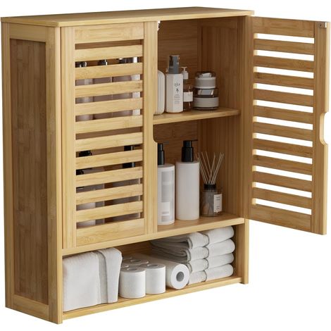Meuble Salle de Bain Mural: Armoire Toilette Suspendu en Bambou Naturel Placard WC 2 Portes Rangement Cuisine Murale avec Étagères Réglables - 59x20.5x66.5 cm (1/5)