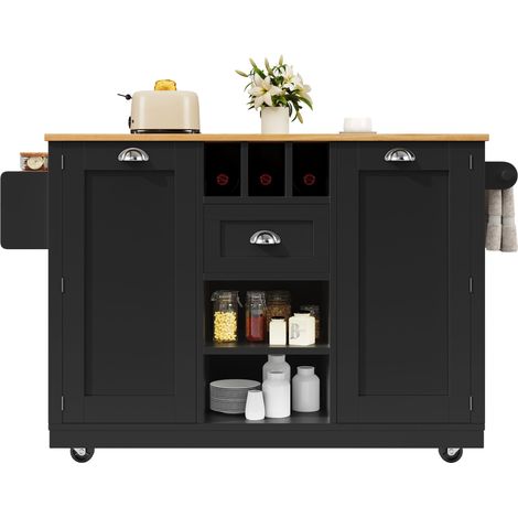 Îlot de cuisine, chariot de salle à manger avec plan de travail, buffet, chariot de salle à manger avec veinage bois, porte-serviettes latéral, avec casier à vin, à roulettes, noir (1/5)