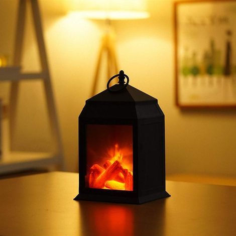 Kleine, gemütliche, traditionelle Kaminlaterne, hergestellt aus einer LED-Tischlampe im Holzkohle-Stil mit realistischem Holzfeuerflammeneffekt, geeignet für den Innen- und Außenbereich