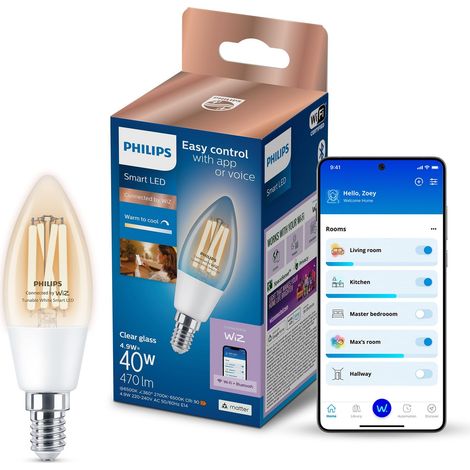 Ampoule LED Connectée Filament C35, Culot E14, 470 lm, Lumière Blanche Réglable 2700-6500 K, Gradation Faible (1/5)