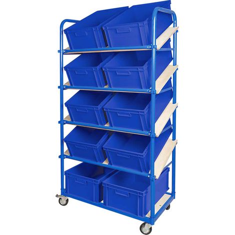 BRB Schrägboden-Regalwagen mit 5 Ebenen, bestückt mit 10 Euroboxen 600x400x220 mm blau (1/3)