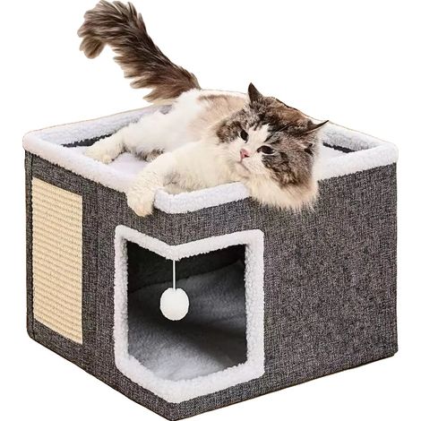 Cama para gatos, material de felpa, tamaño grande, uso en interiores, diseño transpirable, incluye una pelota de felpa colgante. (1/5)