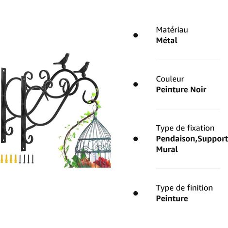 Support Plante Mural Balcon, Lot de 2 Rétro Européen Forme d'Oiseau, Crochet de Suspension en Fer Forgé, pour lanterne à paniers avec Vis, Décor Extérieur pour Balcon de Jardin - Peinture Noir (1/5)