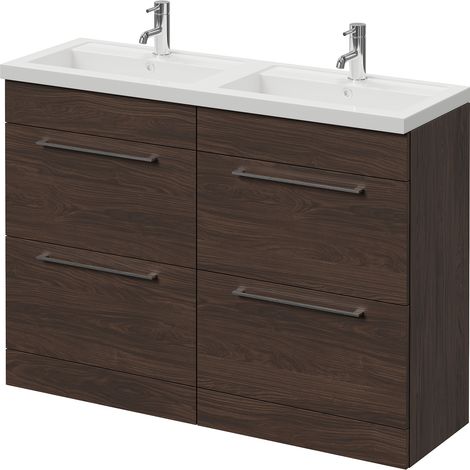 Napoli 390 Brown Oak 1200mm 4 Drawer Vanity Unit with Double Lucia Basins - 1200mm - Chrome 320mm Handle