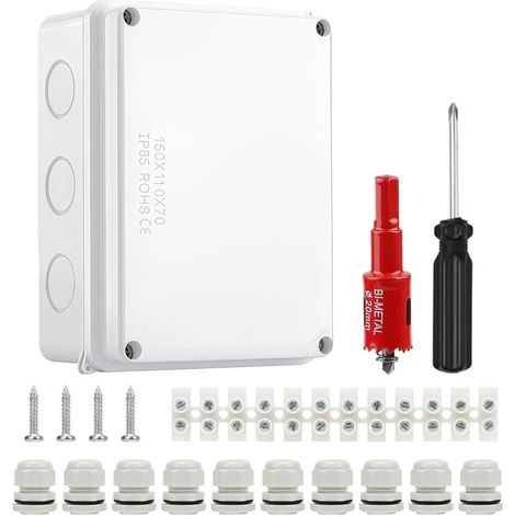 Boîte de Dérivation Étanche en Saillie IP65,Boite de Derivation Electrique Etanche Exterieur Blanc avec Connecteur M20 + Outil D'ouverture de Trou M20+Tournevis+Borne à Vis à 12 Positions (1/5)