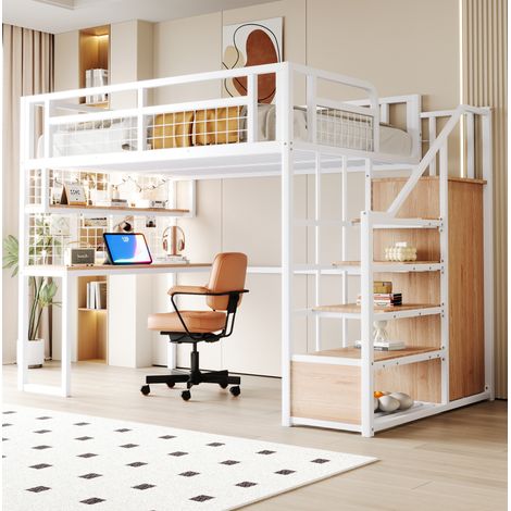DESVIAE Lit mezzanine 140 x 200 cm en métal avec escalier de rangement armoire simple bureau étagère et panneau grillagé blanc (1/4)