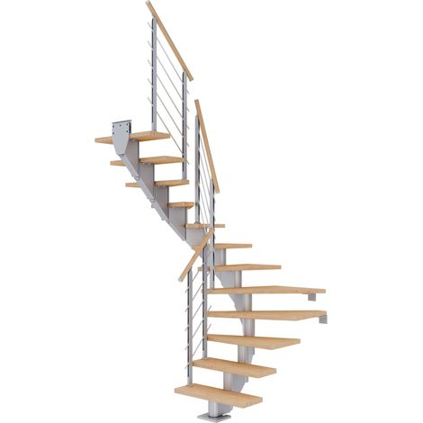 Dolle Mittelholmtreppe Hamburg 1/2 gewendelt Eiche weiß, geölt 75 cm breit für GH 240 – 279 cm UK Metall Perlgrau mit Geländer