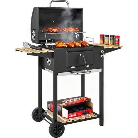 Barbecue charbon de réglable en hauteur avec grille, couvercle, thermomètre, étagères, roues et décapsuleur, noir