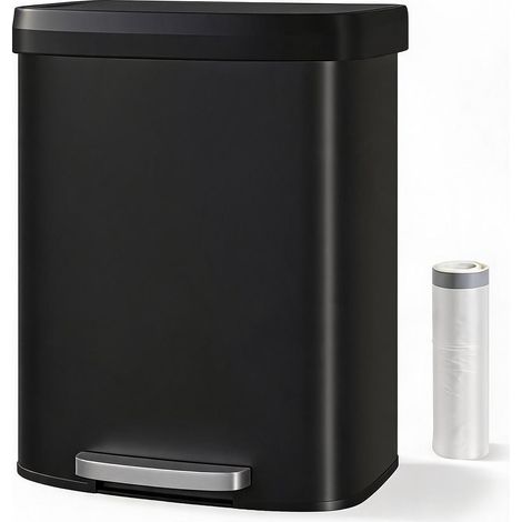 Grand capacité 60L – Poubelle de cuisine à pédale – Acier inoxydable noir – Couvercle plastique, fermeture douce, anti-traces, poignée arrière, rebord maintien sac – Noir (1/5)