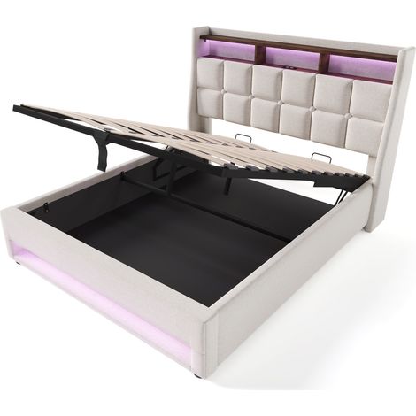 Cama tapizada 160x200 cm con USB y LED, marco metálico, lino beige, sin colchón (1/5)