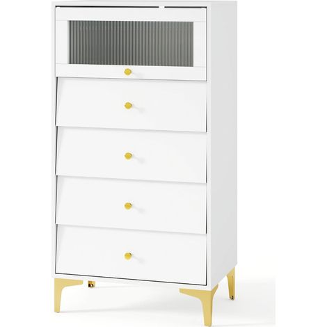 Cassettiera a 4 cassetti con anta in vetro a battente 60 x 40 x 112,5 cm spazio di archiviazione ottimale stile moderno legno bianco 200011542