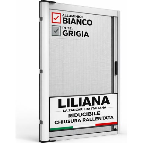 Zanzariera a Rullo "LILIANA" L 150 x H 250cm Laterale Riducibile per Porta Finestre Con Chiusura Rallentata e Magnetica - Bianca RAL9010 con Rete in Fibra di Vetro Grigia - Made in italy
