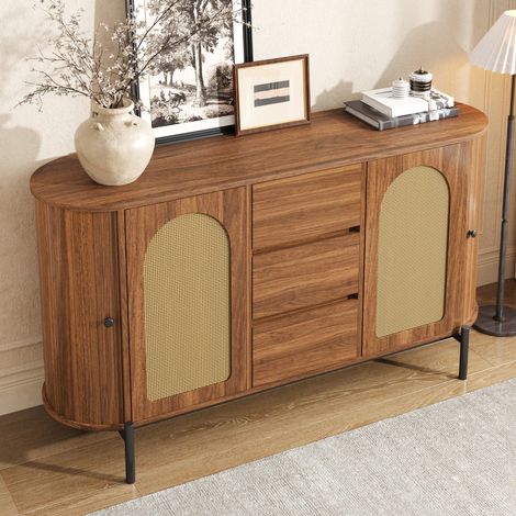 Sideboard ovale en MDF, portes en rotin, 3 tiroirs, pieds métalliques, coloris noyer (1/5)