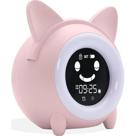 Reveil Enfant Educatif avec Veilleuse Indicateur Jour/Nuit, Horloge Digital, Affichage Temperature, 5 Sons d'Alarme pour Les Réveils du Matin (1/5)