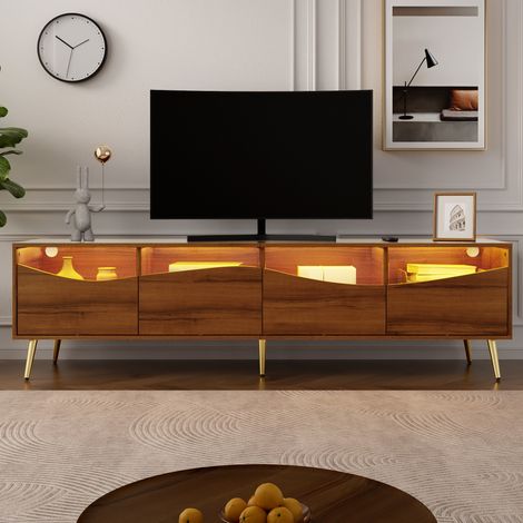 Mobile TV moderno 180 cm, con 4 cassetti, illuminazione a LED, gambe in metallo, ante in vetro e ripiani, ideale per il soggiorno e la camera da letto, Naturale (1/5)