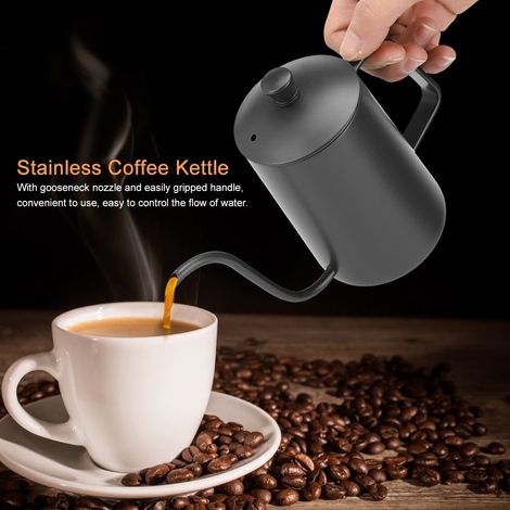 Bouilloire à café en acier inoxydable 600 ml avec bec verseur en col de cygne et thermomètre (noire) (1/5)