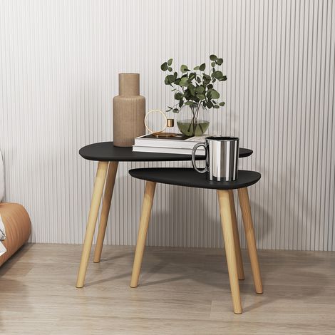 Lot de 2 tables basses gigognes design scandinave pieds en bois et plateau en bois. noir
