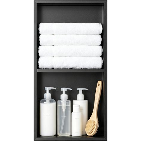Niche de Douche, Installation Encastrée, Étagères à Deux Niveaux, noir (1/2)