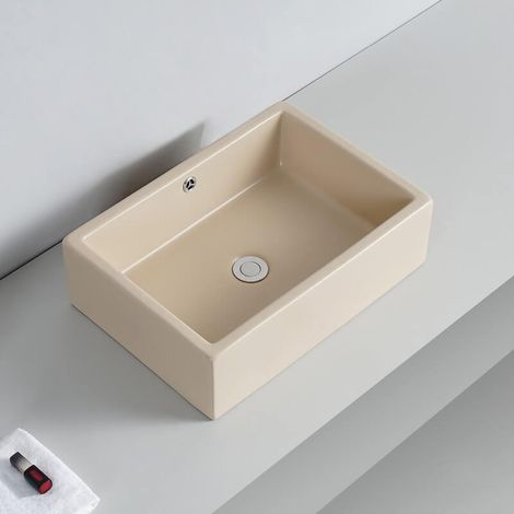 Rue Du Bain – Vasque à poser rectangulaire en céramique beige mat 51x36 cm – Trop plein avec cache chromé – Pour meuble ou plan suspendu (1/4)