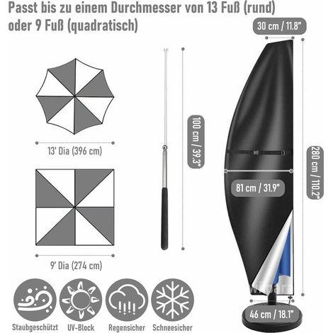 Housse de protection pour parasol avec tige, housse pour parasol 2m à 4m Grande housse de protection pour parasol, protection UV, résistante aux intempéries, au vent et à la neige, 280x30/81/46cm (1/4)