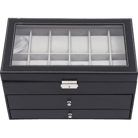 Caja para guardar joyas y relojes, organizador de 3 niveles, expositor con múltiples compartimentos, color negro. (1/2)