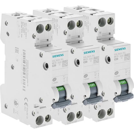 LOT 3 disjoncteurs modulaires 20A 230V, 4,5kA, 1+N POLES, COURBE C (1/5)