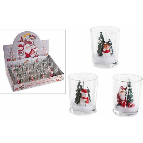 Candele di Natale in vasetto di vetro decorato con personaggio natalizio Babbo Natale, renna e pupazzo di neve, set da 12 pezzi, Ø 5,5 x 6,5 H