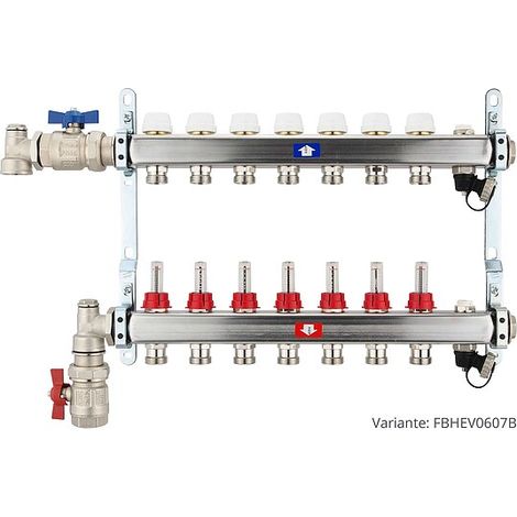 Fußbodenheizungsverteiler aus Edelstahl mit Topmeter für 7 Heizkreise - mit Anschlussset senkrecht (1/3)