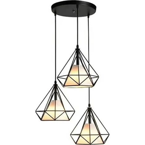 U-DO Lustre Suspension forme Diamant en Fer Noir Vintage 3 Têtes Lampe Intérieur Lustre Plafonnier Ajustable Industriel (1/4)