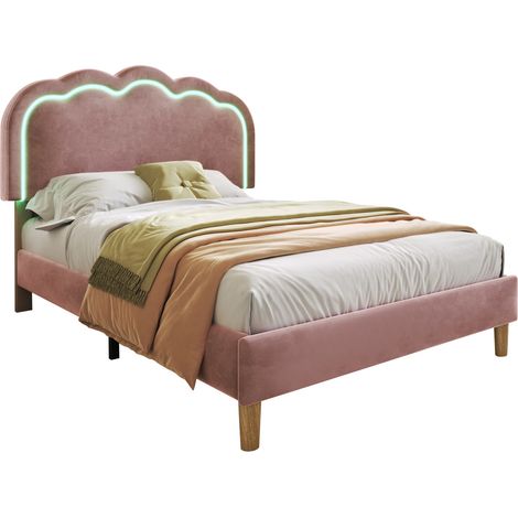 Cama individual tapizada 90x190 cm con cabecero LED ajustable, estructura con somier, en terciopelo rosa, ideal para dormitorio juvenil o invitados  CHICFURN (1/5)