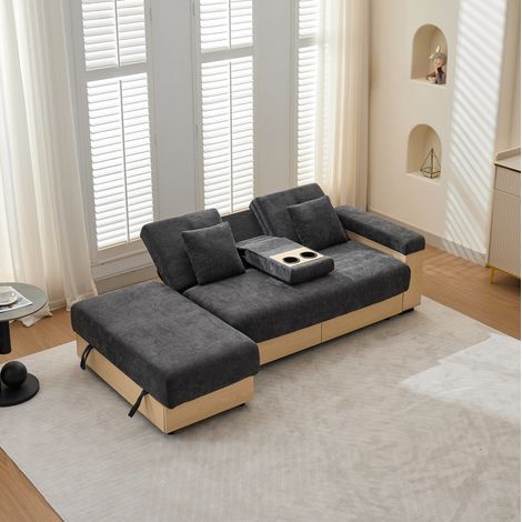 Divano letto con contenitore, schienale 3 posizioni, 217 x 110 x 90 cm, chenille grigio DESVIAE (1/5)