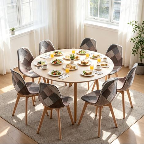 Set de 8 sillas de comedor multicolor con asiento de tela, estructura de madera y metal, estilo patchwork para cocina, comedor u oficina – CHICFURN para el uso diario en casa (1/5)