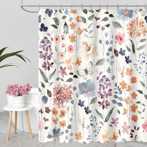 Cortina de ducha floral extralarga de 72 x 84 pulgadas, estampado vintage de flores silvestres en acuarela, juego de telas de estilo rústico-chic, incluye ganchos, color marfil, compatible con tamaños