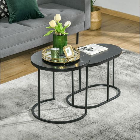 Table basse empilable 2 pièces ronde et ovale, MDF et acier, noir OKMYHOME (1/5)