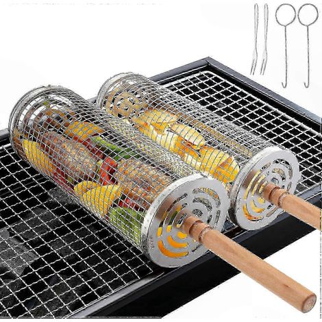 Set aus 2 Grillkörben aus Edelstahl mit Holzgriffen, Grillzubehör für den Außenbereich und Essen im Freien (1/5)